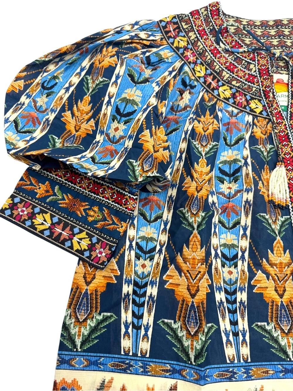 NWT FARM Rio Embroidered Tapestry Blue Short Sleeve Blouse Size Medium